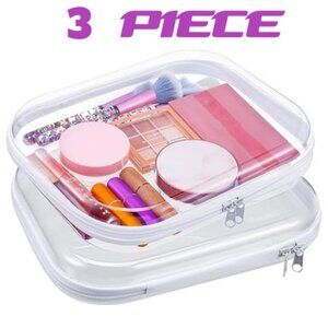 3 Pcs Clear Hard Plastic Pouch, Double Zipper Case,Transparent, Travel Organizer